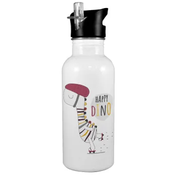 Happy Dino, White water bottle with straw, stainless steel 600ml