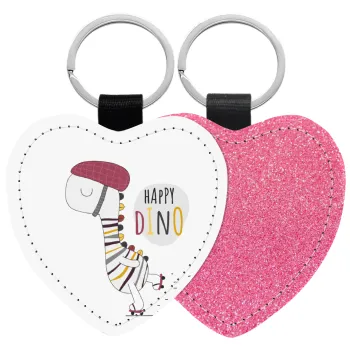 Happy Dino, Μπρελόκ PU δερμάτινο glitter καρδιά ΡΟΖ