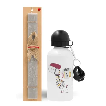 Happy Dino, Easter Set, metallic aluminum water bottle (500ml) & aromatic flat Easter candle (30cm) (GRAY)