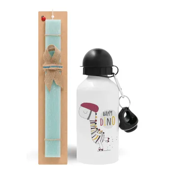 Happy Dino, Easter Set, metallic aluminum water bottle (500ml) & scented flat candle (30cm) (TURQUOISE)