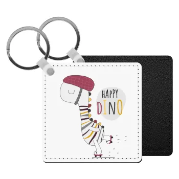 Happy Dino, Μπρελόκ Δερματίνη, τετράγωνο ΜΑΥΡΟ (5x5cm)