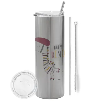 Happy Dino, Tumbler stainless steel Silver 600ml, with metal straw & cleaning brush
