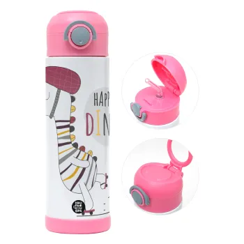 Happy Dino, Παιδικό παγούρι θερμό, ανοξείδωτο, με καλαμάκι ασφαλείας, ΡΟΖ (500ml)