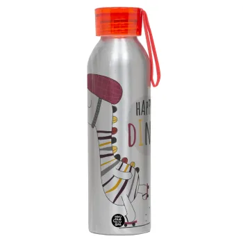 Happy Dino, Αλουμινένιο Αθλητικό Μπουκάλι 650ml – Ασημί με Κόκκινο Καπάκι και Λουράκι Σιλικόνης