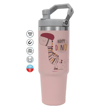 Happy Dino, Pink color, 890ml (30oz) stainless Steel Tumbler with Handle
