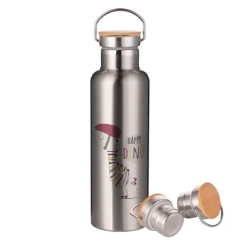 Happy Dino, Μεταλλικό παγούρι θερμός (Stainless steel) Ασημένιο με ξύλινο καπακι (bamboo), διπλού τοιχώματος, 750ml
