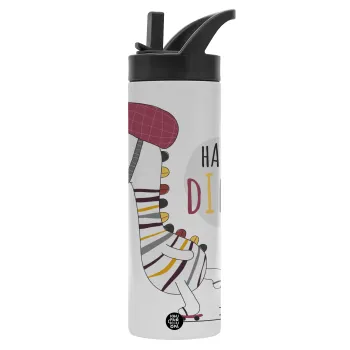 Happy Dino, Μεταλλικό παγούρι θερμός με καλαμάκι & χειρολαβή, ανοξείδωτο ατσάλι (Stainless steel 304), διπλού τοιχώματος, 600ml