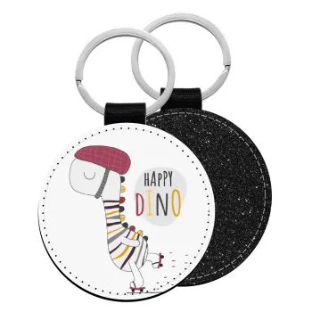 Happy Dino, Μπρελόκ Δερματίνη, στρογγυλό ΜΑΥΡΟ (5cm)