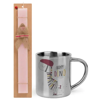 Happy Dino, Easter Set, metallic thermal cup (300ml) & aromatic flat Easter candle (30cm) (PINK)