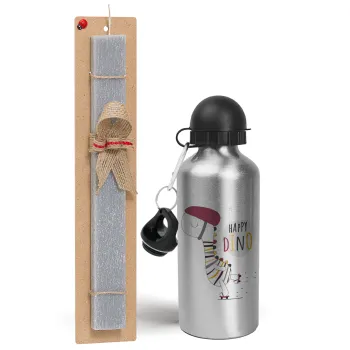Happy Dino, Easter Set, metallic silver aluminum water bottle (500ml) & aromatic flat Easter candle (30cm) (GRAY)