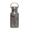 Stainless steel metallic thermos flask, silver with a bamboo lid, double-walled, 350ml.