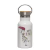Metallic thermos (Stainless steel) White with wooden lid (bamboo), double-walled, 350ml