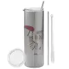 Tumbler ποτήρι θερμό Ασημένιο από ανοξείδωτο ατσάλι 600ml, με μεταλλικό καλαμάκι & βούρτσα καθαρισμού