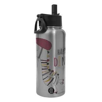 Happy Dino, Μεταλλικό παγούρι θερμός Silver με καλαμάκι και χερούλι (Stainless steel), διπλού τοιχώματος, 950ml