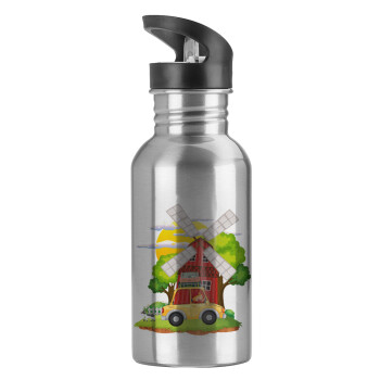 Toy car, Water bottle Silver with straw, stainless steel 600ml