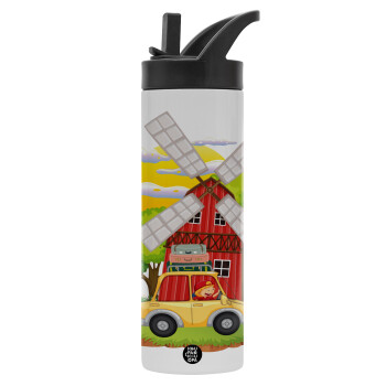 Toy car, Μεταλλικό παγούρι θερμός με καλαμάκι & χειρολαβή, ανοξείδωτο ατσάλι (Stainless steel 304), διπλού τοιχώματος, 600ml