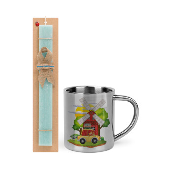 Toy car, Easter Set, metallic thermal cup (300ml) & aromatic flat Easter candle (30cm) (TURQUOISE)
