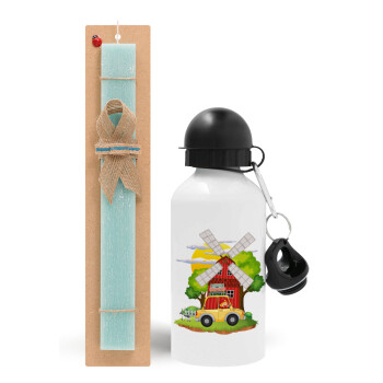 Toy car, Easter Set, metallic aluminum water bottle (500ml) & scented flat candle (30cm) (TURQUOISE)