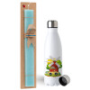 Easter Set, metallic stainless steel water bottle (750ml) & aromatic flat Easter candle (30cm) (TURQUOISE)