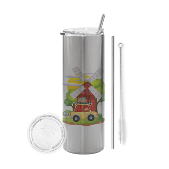 Toy car, Eco friendly stainless steel Silver tumbler 600ml, with metal straw & cleaning brush