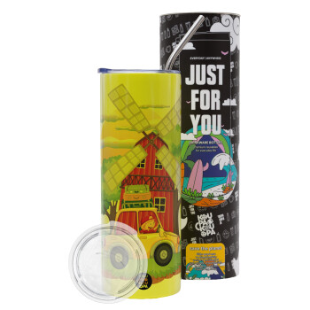 Toy car, Neon Yellow Travel Tumbler, with metal straw (Stainless steel 304 Food grade, BPA free, 600ml)