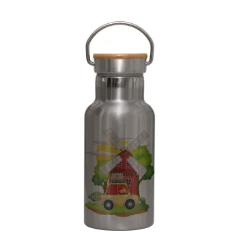 Toy car, Stainless steel metallic thermos flask, silver with a bamboo lid, double-walled, 350ml.