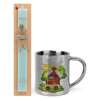 Toy car, Easter Set, metallic thermal cup (300ml) & aromatic flat Easter candle (30cm) (TURQUOISE)