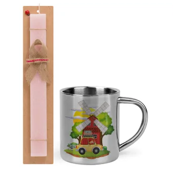 Toy car, Easter Set, metallic thermal cup (300ml) & aromatic flat Easter candle (30cm) (PINK)