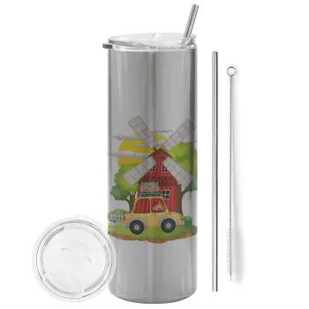 Toy car, Tumbler stainless steel Silver 600ml, with metal straw & cleaning brush