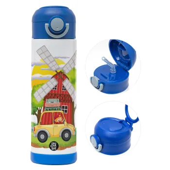 Toy car, Children's hot water bottle, stainless steel, with safety straw, BLUE (500ml)
