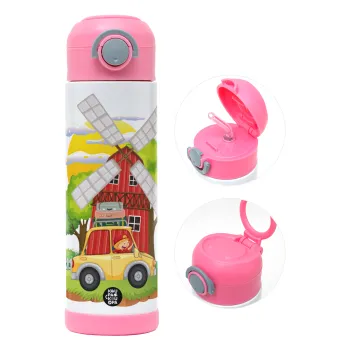 Toy car, Παιδικό παγούρι θερμό, ανοξείδωτο, με καλαμάκι ασφαλείας, ΡΟΖ (500ml)