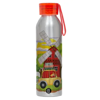 Toy car, Αλουμινένιο Αθλητικό Μπουκάλι 650ml – Ασημί με Κόκκινο Καπάκι και Λουράκι Σιλικόνης