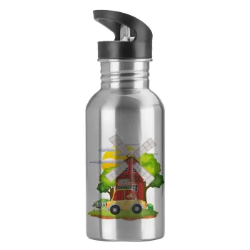 Toy car, Water bottle Silver with straw, stainless steel 600ml