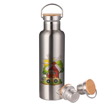 Toy car, Μεταλλικό παγούρι θερμός (Stainless steel) Ασημένιο με ξύλινο καπακι (bamboo), διπλού τοιχώματος, 750ml