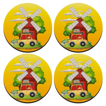 Toy car, SET of 4 round wooden coasters (9cm)