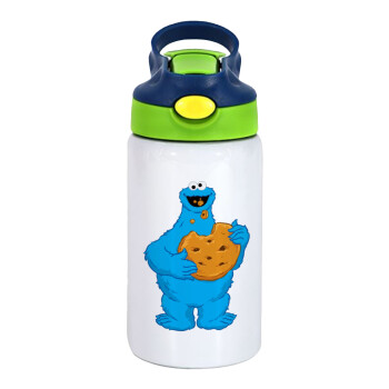 Cookie Monster, Children's hot water bottle, stainless steel, with safety straw, green, blue (350ml)