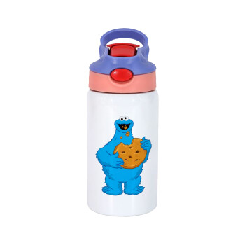 Cookie Monster, Children's hot water bottle, stainless steel, with safety straw, pink/purple (350ml)