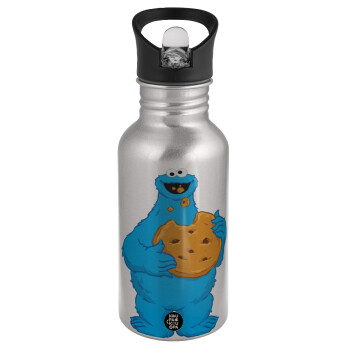 Cookie Monster, Παγούρι νερού Ασημένιο με καλαμάκι, ανοξείδωτο ατσάλι 500ml