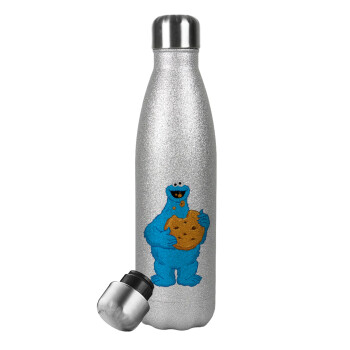 Cookie Monster, Μεταλλικό παγούρι θερμός Glitter Aσημένιο (Stainless steel), διπλού τοιχώματος, 500ml