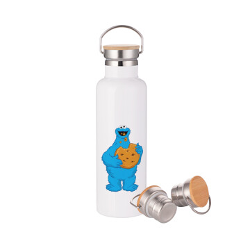 Cookie Monster, Μεταλλικό παγούρι θερμός (Stainless steel) Λευκό με ξύλινο καπακι (bamboo), διπλού τοιχώματος, 750ml