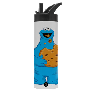 Cookie Monster, Μεταλλικό παγούρι θερμός με καλαμάκι & χειρολαβή, ανοξείδωτο ατσάλι (Stainless steel 304), διπλού τοιχώματος, 600ml
