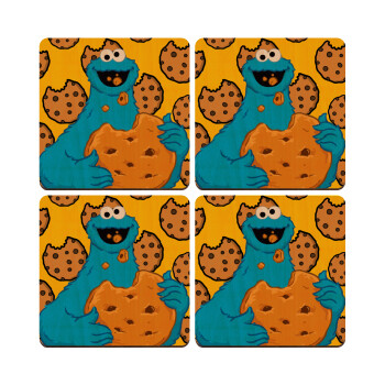 Cookie Monster, ΣΕΤ x4 Σουβέρ ξύλινα τετράγωνα plywood (9cm)