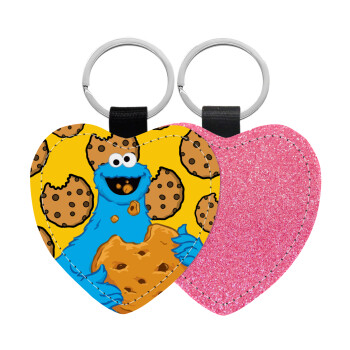 Cookie Monster, Μπρελόκ PU δερμάτινο glitter καρδιά ΡΟΖ