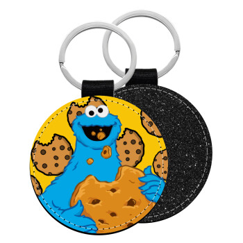 Cookie Monster, Μπρελόκ Δερματίνη, στρογγυλό ΜΑΥΡΟ (5cm)