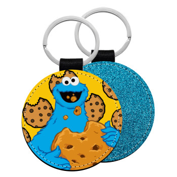 Cookie Monster, Μπρελόκ Δερματίνη, στρογγυλό ΜΠΛΕ (5cm)