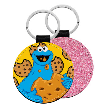 Cookie Monster, Μπρελόκ Δερματίνη, στρογγυλό ΡΟΖ (5cm)