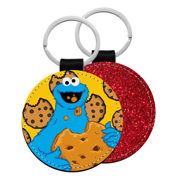 Cookie Monster, Μπρελόκ Δερματίνη, στρογγυλό ΚΟΚΚΙΝΟ (5cm)