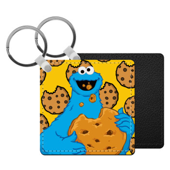 Cookie Monster, Μπρελόκ Δερματίνη, τετράγωνο ΜΑΥΡΟ (5x5cm)