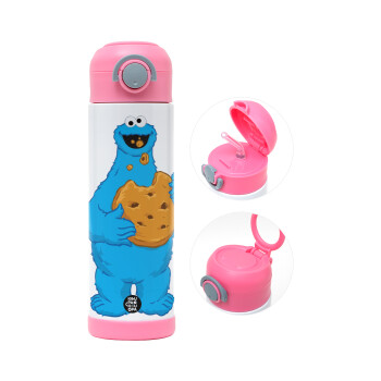 Cookie Monster, Παιδικό παγούρι θερμό, ανοξείδωτο, με καλαμάκι ασφαλείας, ΡΟΖ (500ml)