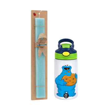 Cookie Monster, Πασχαλινό Σετ, Παιδικό παγούρι θερμό, ανοξείδωτο, με καλαμάκι ασφαλείας, πράσινο/μπλε (350ml) & πασχαλινή λαμπάδα αρωματική πλακέ (30cm) (ΤΙΡΚΟΥΑΖ)